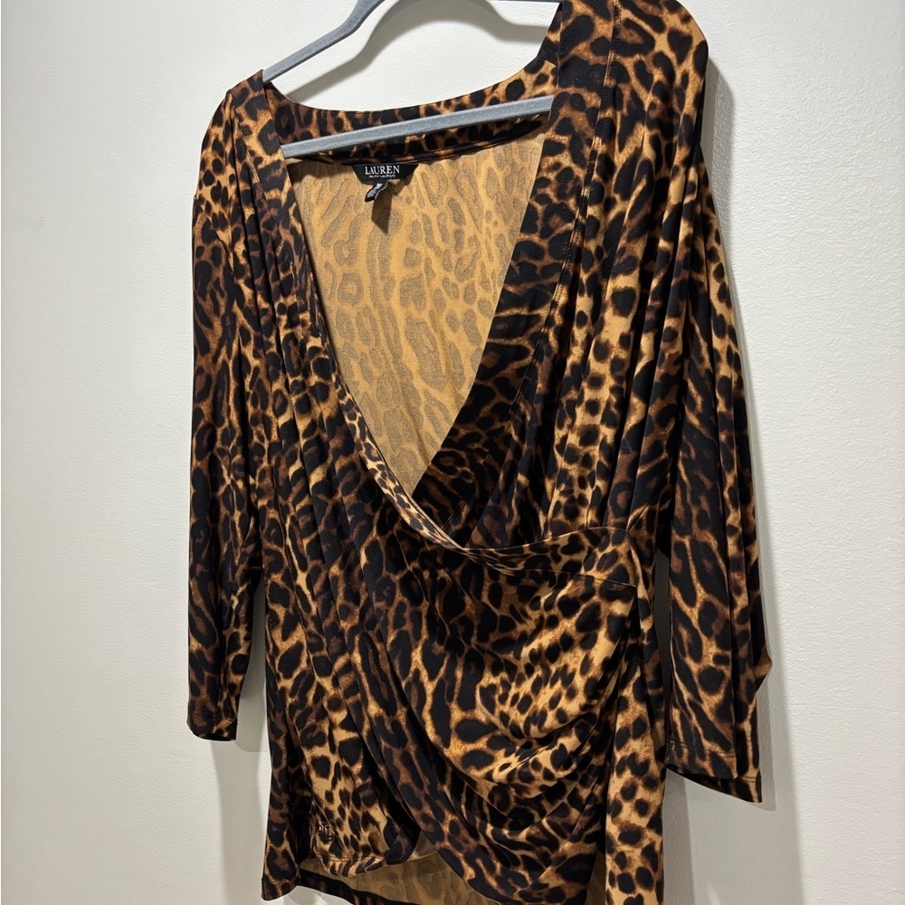 LAUREN RALPH LAUREN • Women’s Leopard Print Splice Wrap Drapey Neckline Blouse - Picture 3 of 5